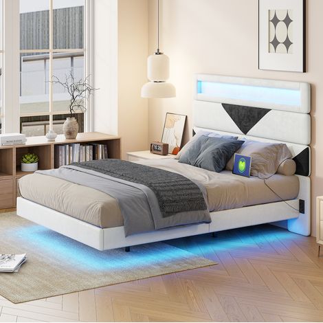 Cama doble 160 x 200 cm, Estructura de metal, Cabecero ajustable, con luz LED y puerto de carga, Cama tapizada para adulto adolescente, Patas de cama ocultas, Terciopelo, Beige (1/5)