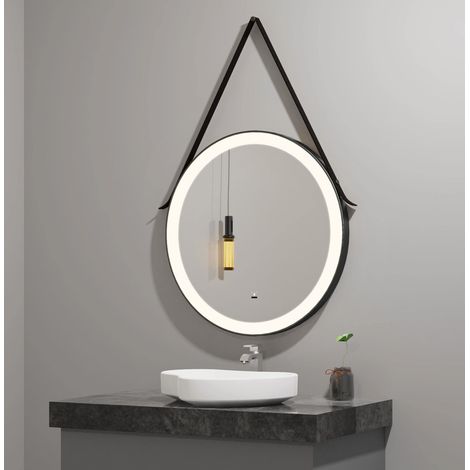 Miroir de Salle de Bain LED, Miroir Rond avec Sangle de Suspension, Noir, Ø env. 60 cm (1/5)