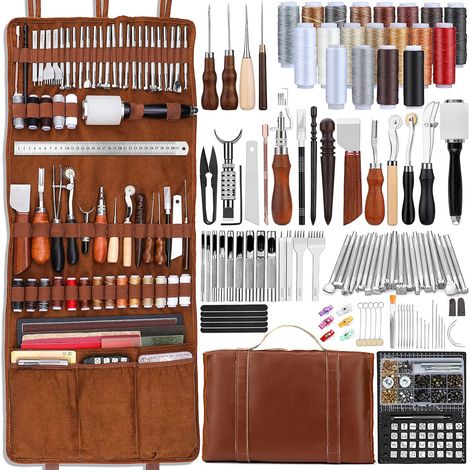 Kit d'outils en cuir pour le travail du cuir avec tapis de découpe personnalisés pour sac à main, gravure, poinçonnage, couture, estampage, outils de ponçage pour travaux manuels professionnels