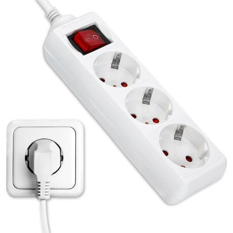 Multiprise avec 3 prises et un interrupteur, rallonge de 1,5 mètre, protection contre les surcharges, blanche. (1/5)