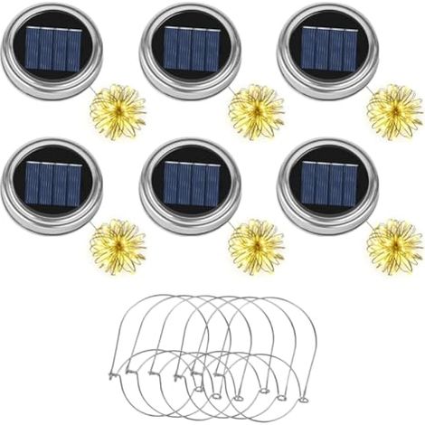 6 couvercles de bocal Mason avec 20 guirlandes LED de 2m, 6 crochets, lanterne solaire pour extérieur, jardin, balcon, déco Noël, Halloween