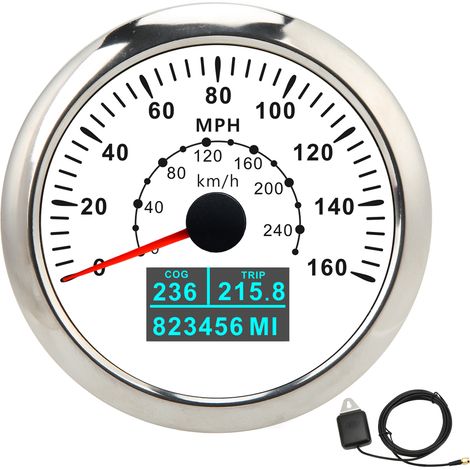 Compteur de vitesse GPS universel 85mm IP67 étanche écran LCD 0-160MPH / 0-240KM/H pour voitures bateaux camping-cars DC9-32V Blanc (1/5)