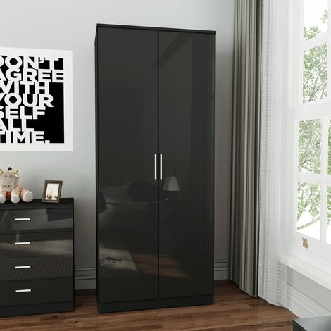 ELEGANT 2 Door Wardrobe Wooden Bedroom Storage Furniture Cupboard Hanging Rail, Clothes storage shelves, Metal Handles (Black)