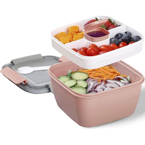 Lunchbox mit Unterteilungsfach, langlebige Bento-Lunchbox, Salat, Mikrowellen-Mahlzeitenboxen für Schule/Arbeit/Picknickreisen (Pink)