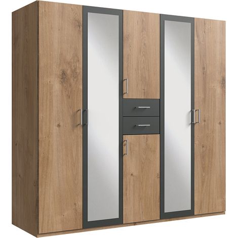 Armoire Placard, meuble de rangement avec 2 miroirs coloris Imitation chêne poutre, rechampis graphite - Longueur 225 x Hauteur 208 x Profondeur 58 cm (1/3)