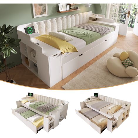 Lit banquette 90x200 cm avec lit gigogne, sommier à lattes métal, rangement et dossier en tissu sherpa - Blanc (1/5)