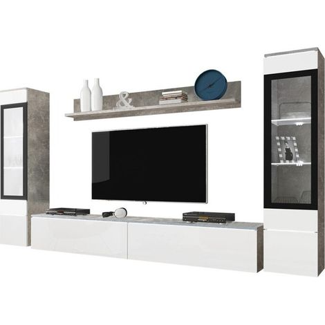 Conjunto de salón Mirfivo 101, Hormigón + Blanco brillante