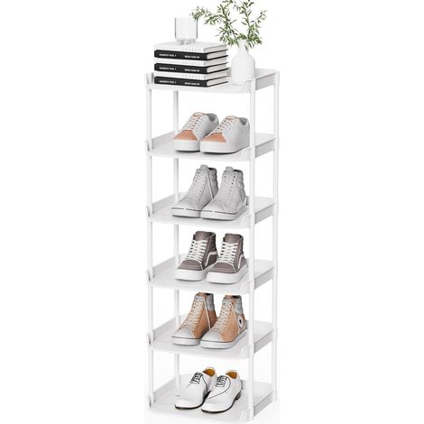 Etagere Chaussures Etroite à 6 Niveaux, Rangement Chaussures Gain de Place, Etagere Plastique Empilable, Shoe Rack pour Chambres, Couloirs, Salons, Blanc (1/5)