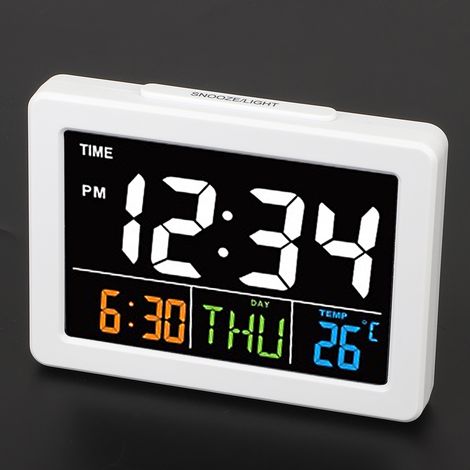 Großer elektronischer Tischwecker mit Farb-LCD-Display, Temperatur- und Datumsanzeige (weiß) (1/5)