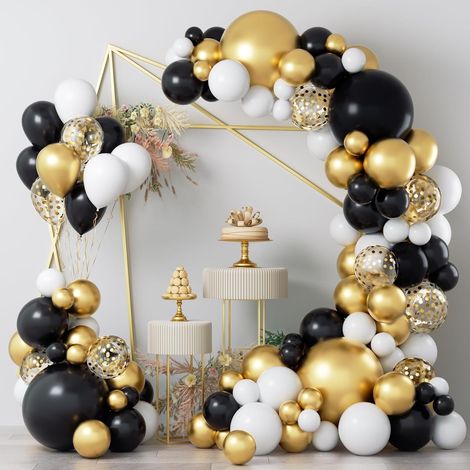 Ensemble de couronnes de ballons noirs et dorés - 124 arches de ballons métallisés noirs, dorés et à confettis pour décorations de mariage, fiançailles, anniversaire, remise de diplômes, baby shower,  (1/5)