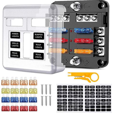 Scatola portafusibili a 6 vie, portafusibili con bus negativo, blocchi fusibili a lama con 16 fusibili, 6 indicatori LED, copertura protettiva per auto, auto, barca, camion, SUV, 12 V/24 V
