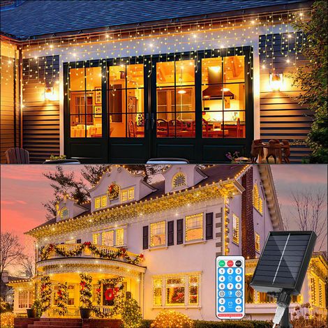 Randaco Guirlanda Luminosa Solare Esterna LED Tendina Luminosa Decorazione Natalizia Impermeabile IP44 2x 10M 396LEDs Bianco Caldo (1/5)