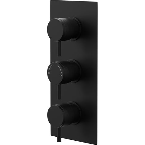 Colore Round Matt Black Concealed Triple Thermostatic Shower Valve with Half Knurled Control Handles - 2 Outlet (1/5)