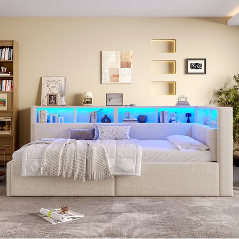 Lit banquette 90x200 cm beige en lin et MDF avec rangement hydraulique, LED et ports USB-C (1/5)