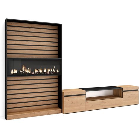 Skraut Home - Ensemble Meuble TV, Meuble Salon Complet, 310x186x35cm, Pour les TV jusqu'à 80", Cheminée électrique, Style moderne, Chêne et noir (1/5)