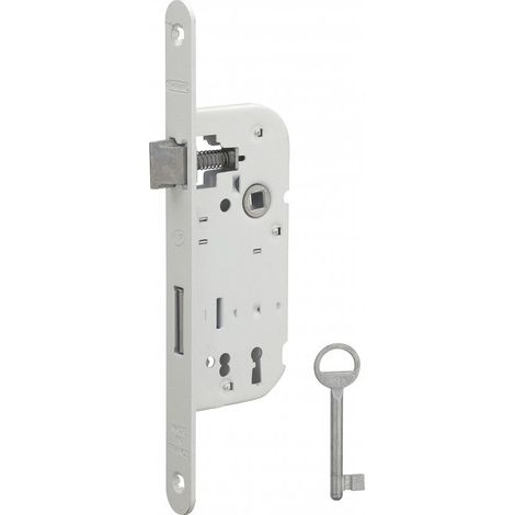 Serrure encastrable NF à clé pour porte de chambre, axe 40mm, bouts ronds, blanc, 1 clé - (1/5)