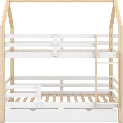 Letto a castello per bambini a forma di casa in pino 90 x 200 cm con cassetti, bianco e legno (1/5)