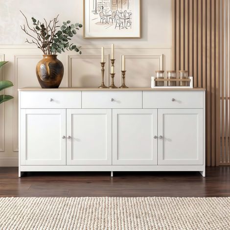 Sideboard Kommode Weiß in Holzoptik 160x37x75 cm, mit 4 Türen und 3 Schubladen, für Wohnzimmer und Esszimmer