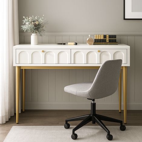 URBAN MEUBLE Bureau élégante avec 2 tiroirs blanc crème structure et poignée dorée 100x45cm (1/5)