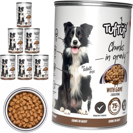 Cibo umido per cani TufTuf al gusto cervo, lattina da 6x415g, bocconcini in salsa (1/2)