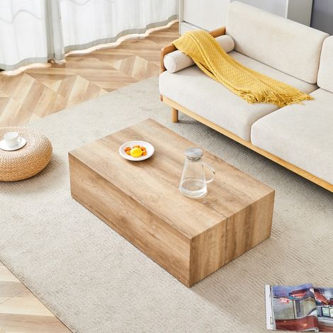 Table Basse Rectangulaire - 90x50x30cm - Effet Bois Clair et Design Monobloc - Style Luxe Moderne - Prête à l'Emploi - Bois Clair (1/5)