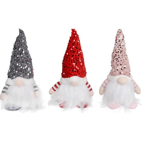 Set aus 3 gesichtslosen Weihnachtswichteln mit leuchtenden Paillettenmützen zur Dekoration von Zuhause zu Weihnachten und Neujahr. (1/4)