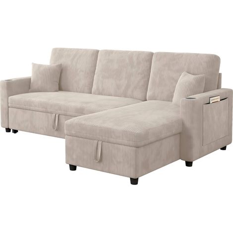 Divano angolare letto 207,5 x 142 x 84,5 cm in tessuto a coste beige, con vano contenitore - CHICFURN (1/5)