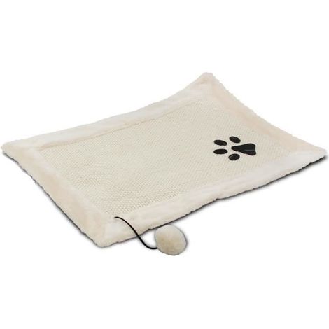 Tapis griffoir pour chat - JUANIO - Rectangulaire 49x33 cm - Beige - Boule suspendue - Protège les meubles (1/4)