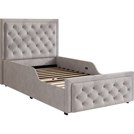 Letto contenitore per bambini 90 x 200 cm in velluto grigio con rete e testiera (1/5)