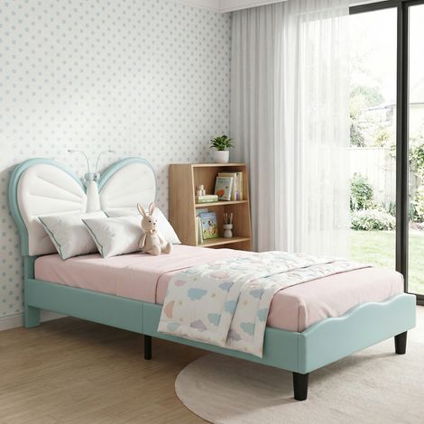 Letto singolo 90x200, 2 lampade da lettura, letto imbottito per bambini con testiera regolabile a forma di farfalla, stile moderno scandinavo(90x200cm, Blu)