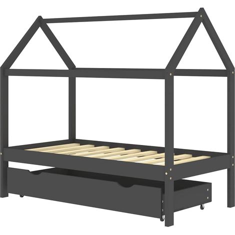 Lit enfant pour 1 personnes, Structure de lit, Assemblage Facile, avec un tiroir Gris foncé Pin 80x160 cm OIB6911E (1/5)