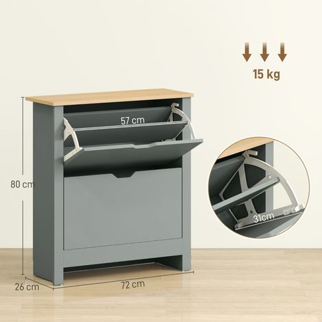 Meuble de rangement pour chaussures, 2 casiers inclinables, étagère réglable pour 8-12 paires, 72x26x80 cm, teinte gris clair (1/5)