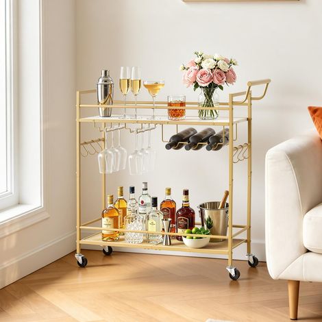 Desserte Polyvalente, Chariot de Service pour Bar 2 Niveaux 86x30x83 cm, Rangement Vins Ustensiles Boissons Cuisine, Bar Roulant Étagères en Bois et Grillagée, avec Range-bouteilles Porte-verres (1/5)