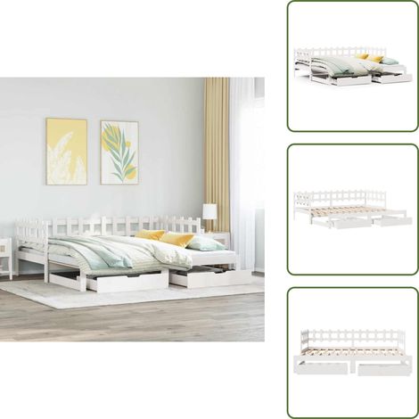 Tagesbett Ausziehbar mit Schubladen ohne Matratze Weiß 80x200cm - Ausziehbares Tagesbett - Ausziehbare Tagesbetten - Schlafsofa - Tagesbett