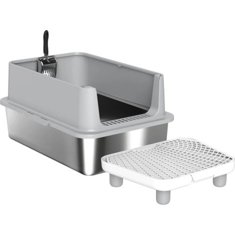 Arenero XL para gatos de acero inoxidable con paredes altas, escalón, alfombrilla y pala MODENUIT (1/5)