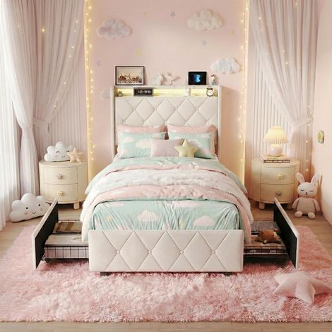 Einzelbett 90x200 cm, Prinzessinnenbett, LED und USB – 4 Schubladen und sanfter Stil – inklusive Lattenrost, Plüschmaterial – Beige