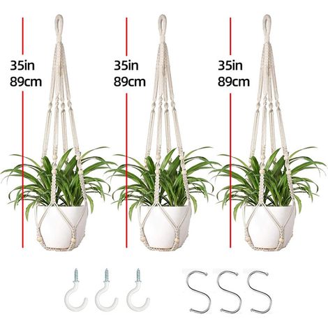 Macrame Plantenhangers - Jute Touw Hangende Mand met Houten Kralen - Boho Decoratie - Balkon Plantenbak - Tuin Thuis Decoratie - Plafond Wand Plantenhouder -Binnen Buiten - 89 cm- 3 STUKS - Voeg Kleur (1/5)