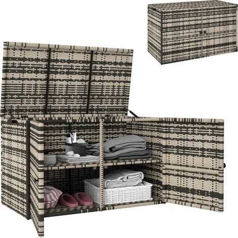 Coffre de rangement en rotin 350 L à 2 niveaux avec couvercle, barres de levage et poignées de transport. Dimensions : 118 x 57 x 69 cm. Gris chiné.