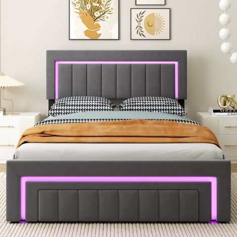 Cama tapizada 140x200 cm, Tejido velour, Almacenamiento hidráulico y luz LED, Base de listones incluida, Gris (1/5)