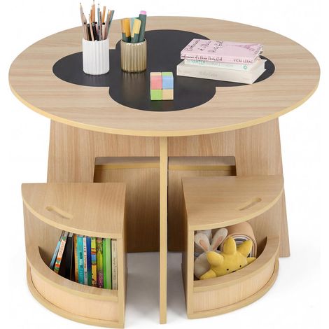 Gain d'Espace Ensemble Table et 4 Tabourets Enfants Rangements Intégrés et Plateau Fleur Dès 3 Ans Naturel (1/5)