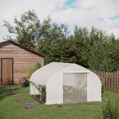 Serre de jardin tunnel 10.4 m² serre de jardin anti-UV porte zippée enroulable fenêtres maille 350 x 300 x 200 cm blanc