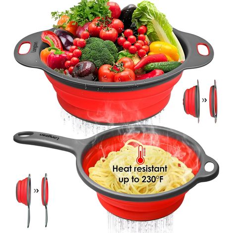 QAZQA [Lot de 2] Passoires en Silicone Pliables, Passoire Retractable en Maille de Cuisine pour Pâtes, Légumes/Fruits, diamètre 9,5 Pouces et 8 Pouces avec Poignées Extensibles (Rouge) (1/5)