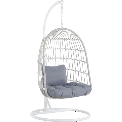 Fauteuil Suspendu avec Coussin et Support Blanc 102 cm en Métal et Rotin Très Confortable pour Extérieur au Style Boho Beliani