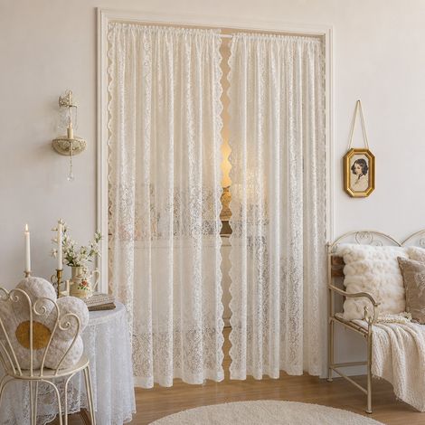 Rideau moustiquaire en dentelle blanche avec perles (2 pièces), valance de fenêtre française sans perçage avec Velcro, dimensions 55,1 x 78,7 pouces. (1/4)