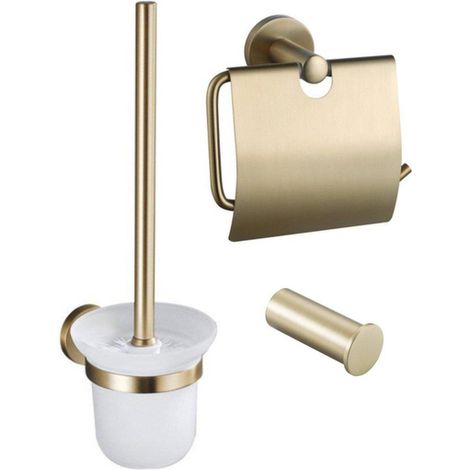 Fortifura Calvi Pack WC 3 pièces - porte-rouleau avec couvercle - brosse de toilette - crochet à serviette simple rond - Laiton brossé PVD (Or) (1/4)