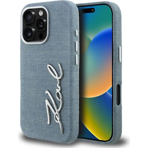 Custodia per iPhone 16 Pro con logo Karl Lagerfeld FW Jeans Signature, colore blu. (1/5)