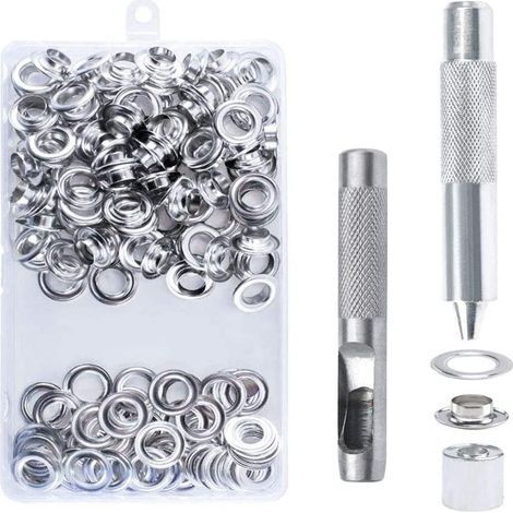 100 Oeillets Kit Oeillets Outils Métalliques Oeillet Kit 10mm Oeillet Oeillet Kit pour Toile Bâche Tente Réparation Argent (1/4)