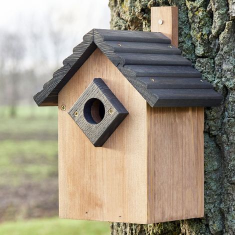 Mangeoire oiseaux extérieur à suspendre pour oiseaux sauvages en bois massif toit gris (1/5)