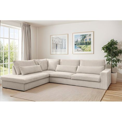 Ecksofa Designersofa THORA in Stoff Poso Altweiß Ottomane Links (1/2)