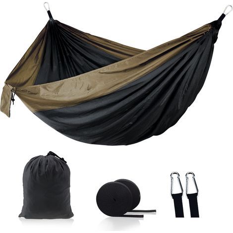 Hamac ultra léger pour extérieur - Avec cordes de suspension et mousquetons en acier - Charge maximale : 250 kg 270140cm Noir et chameau (1/5)